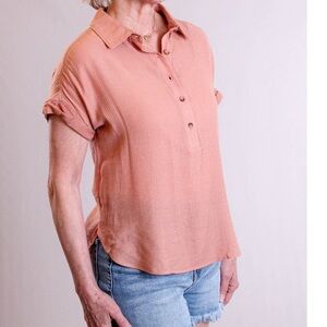 Women's Peach Color Airy Button Down Polo Cuff Sleeve Top